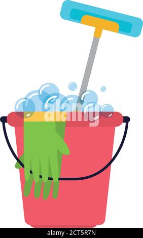 Bucket with gloves and mop. Cleaning tools - Vector Stock Vector
