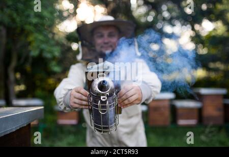 Portrait of man beekeeper working in apiary, using bee smoker. Stock Photo