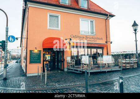 Wurzburg/Germany-3/1/19: entrance to the Cafehaus Bruckenback restaurant right next to the Alte Mainbrucke on the left bank of the Main River in the d Stock Photo