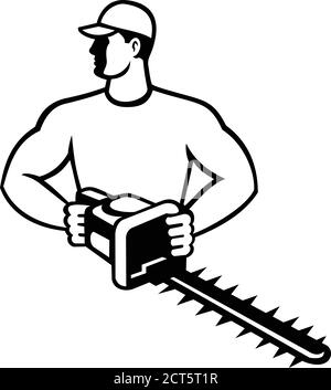 Retro style illustration of a male gardener or landscaper with garden hedge trimmer or shears looking to side viewed from front on isolated background Stock Vector