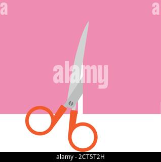 Scissors cutting a pink sheet of paper - Vector Stock Vector