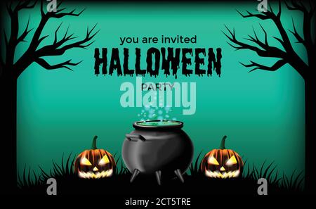 Halloween party invitation with pumpkin jack o lantern with green potion in the pot Stock Vector
