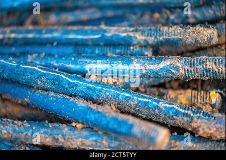 Old metal studs covered in rust, close-up, selective focus Stock Photo
