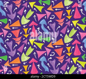 Seamless neon pattern of hand drawn multicolored different chaotic arrows on violet background. Vector kids background for your design Stock Vector
