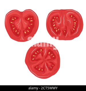 Set of tomato in a cut. Vector flat color illustration. Objects separate from the background. Element for menus, illustrations and  your creativity Stock Vector