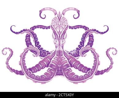 Color illustration of purple octopus. The object is separate from the background. Neon illustration for printing on T-shirts, covers, sketches of tatt Stock Vector