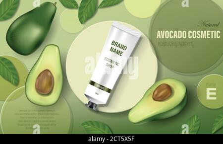 Avocado cosmetic poster ad. Realistic hand cream with green avocado and tree leaves, circular disks and realistic tube. Cosmetic bottle template Stock Vector