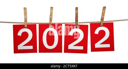 2022 New Year Celebration on rope with clothespins. Digits on red paper cards isolated cutout against white background. 3d illustration Stock Photo