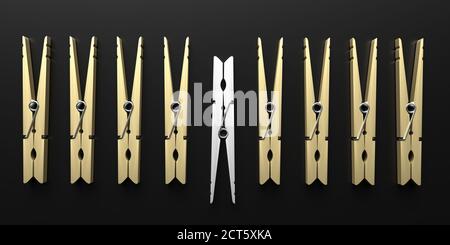 Crowd and creativity with your own way concept. One different clothespin opposite and many wooden pins against black background. 3d illustration Stock Photo