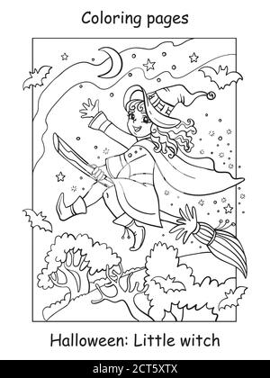 Vector coloring pages little witch flying on broom. Halloween concept. Cartoon contour illustration isolated on white background. Coloring book for ch Stock Vector