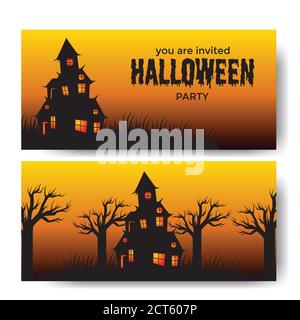 halloween party banner invitation card with illustration of scary house vampire Stock Vector
