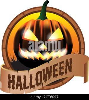 Emblem logo vintage icon illustration of halloween pumpkin jack o lantern Stock Vector