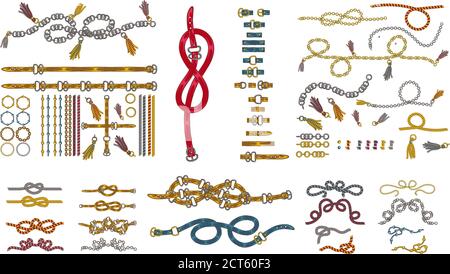 set on chain straps braids and pendant jewelry print on fabric straps, clasps straps chain nautical knots and ropes 80s Opulence Stock Vector