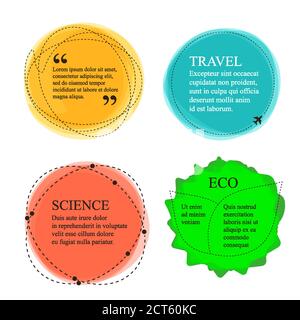 Bright watercolor aquarel blot text box set. Quotation frames science, eco and travel related. Vector illustration. Stock Vector