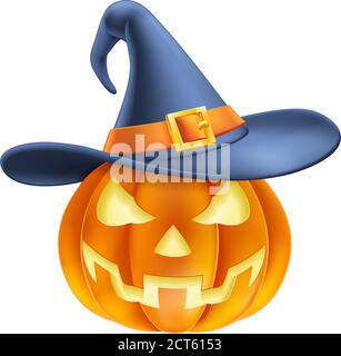 Pumpkin Wearing Witch Hat Halloween Cartoon Stock Vector