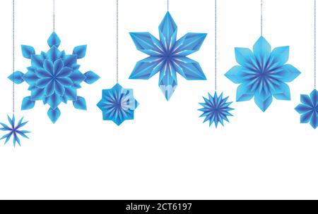 Postcard with hanging blue origami snowflakes and place for text on white background. Vector template for invitations, banners, cards and your design Stock Vector