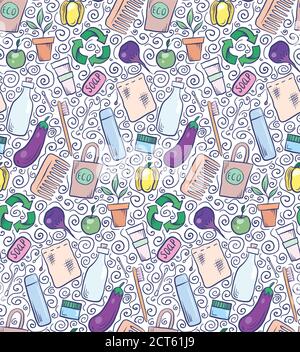Seamless pattern with hand drawn Zero Waste objects and swirls on white background. Vector doodle texture for wallpaper, textile, background and your Stock Vector