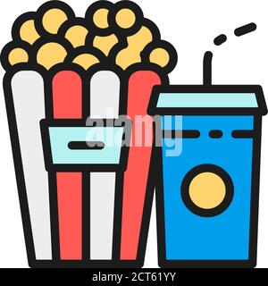Popcorn snack and drink, cinema food flat color line icon. Stock Vector