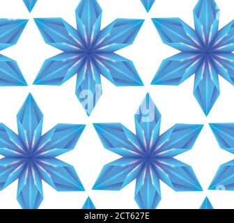 Seamless pattern with 3d blue origami snowflakes in row on white background. Vector texture for gift wrapping, wallpaper and your creativity Stock Vector