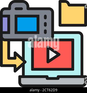Saving film to laptop, cinema strip flat color line icon. Stock Vector