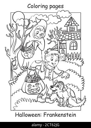 Vector coloring pages children in costumes of ghost and frankenstein patted the dog. Halloween concept. Cartoon illustration isolated on white. Colori Stock Vector