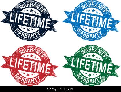 Red grunge rubber ink stamp: lifetime warranty vector illustration set isolated on white Stock Vector