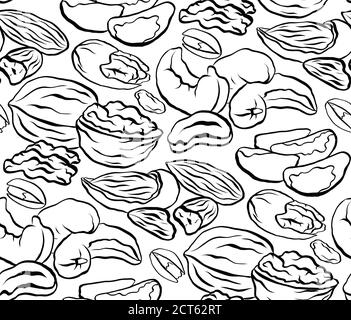 Seamless black and white pattern with contour pattern of different types of nuts. Vector texture for wallpapers, backgrounds, menus and your creativit Stock Vector