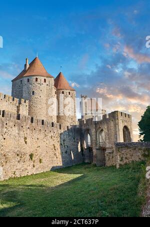 Carcassonne medieval historic gate fortifications and battlement walls, Carcassonne France Stock Photo