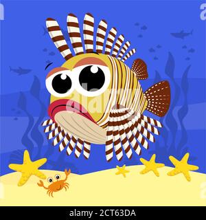 cute baby lionfish cartoon illustration, also know as pterois mombasae, firefish or frillfin turkeyfish.  With bubbles and under the sea background. D Stock Vector