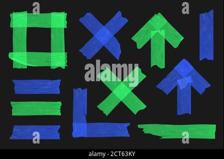 Blue and green adhesive tape set on black background. Different sellotape pieces, realistic vector illustration collection Stock Vector