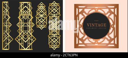 Art Deco, Art Novo page template luxury elegant texture geometric style, gatsby concept, golden black.Pink gold and pastel pink background. Stock Vector