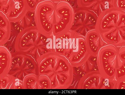 Seamless pattern with tomatoes in a cut. Vector flat color illustration. Vegetable texture for wallpaper, design of sites and your design Stock Vector