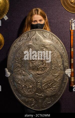 London, UK. 21st Sep, 2020. A Milton Shield, 1866, est £2-3,000 - Preview of Bonhams' Antique Arms and Armour sale at their Knightsbridge saleroom. The sale will take place on Wednesday 23 September Credit: Guy Bell/Alamy Live News Stock Photo