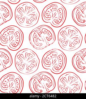 Seamless pattern with tomatoes in a cut. Vector outline illustration. Vegetable texture for wallpaper, design of sites and your design Stock Vector