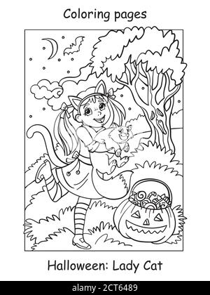 Vector coloring pages girl in a cat costume holds a cat. Halloween concept. Cartoon contour illustration isolated on white background. Coloring book f Stock Vector