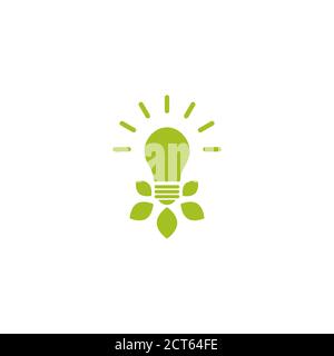 Green shining bulb with green leaves and light rays. Isolated on white. Flat outline icon. Vector illustration. Go green. Eco friendly. World environm Stock Vector
