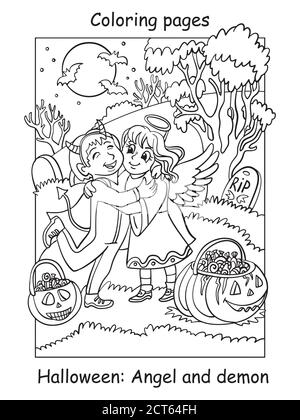 Vector coloring pages children in costumes of angel and demon hug. Halloween concept. Cartoon contour illustration isolated on white. Coloring book fo Stock Vector