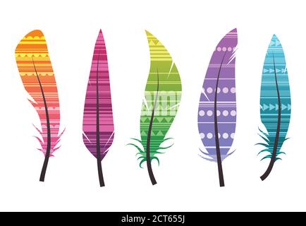 Set of colorful different feathers with ethnic pattern. Vector native elements for your design. Stock Vector