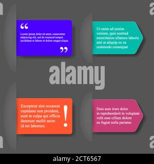 Quotation and notice 3d vector bookmarks. Bookmarks sticking out of the slot. Four realistic labels or tickets inserting to slots isolated on grey bac Stock Vector