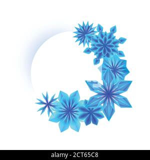 Round frame with blue origami snowflakes and place for text on white background. Vector template for invitations, banners, cards and your design Stock Vector