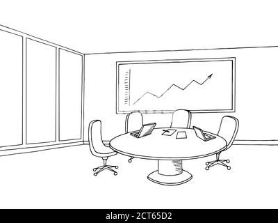 Office meeting room interior black white graphic art sketch illustration vector Stock Vector