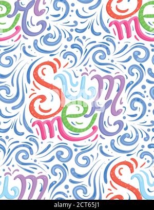 Seamless calligraphic pattern with lettering funny Summer written by hand. Calligraphic colorful inscription.  Vector texture for wraps, wallpapers, f Stock Vector