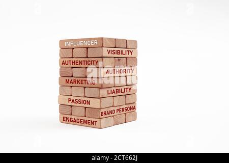 Basic aspects or characteristics of influencer career written on wooden blocks. Stock Photo