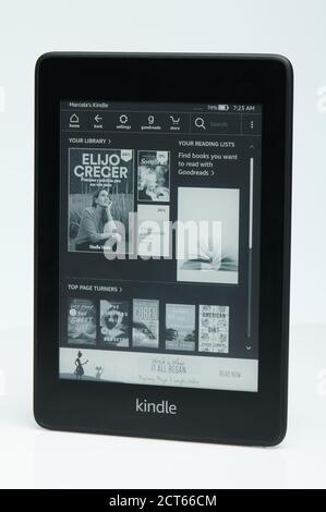 New york, USA - September 15, 2020: Kindle e book reader isometric isolated on white studio background Stock Photo