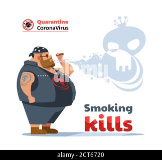 Poster dangers of smoking. Coronavirus. Biker man during COVID-19 pandemic coughing and smoking a cigarette at the street. Smoking causes lung cancer Stock Vector