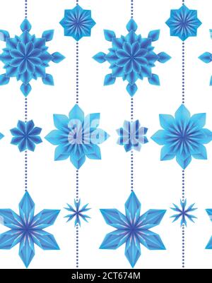 Seamless pattern with 3d hanging blue origami snowflakes on white background. Vector texture for gift wrapping, wallpaper and your creativity Stock Vector