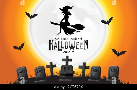 Halloween party trick or treat event celebration banner poster with illustration of flying wizard on the graveyard Stock Vector