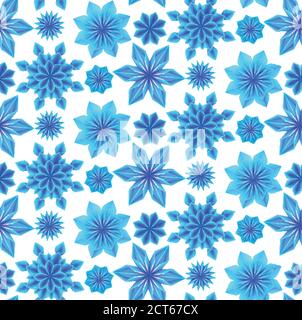 Seamless pattern with 3d blue origami snowflakes on a white background. Vector texture for gift wrapping, wallpaper and your creativity Stock Vector