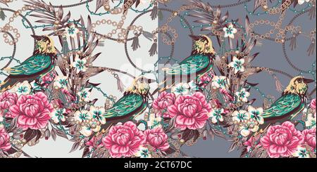 Elegance pattern with flowers and birds splendor of the 80's, chic bird chains flowers beautiful background in expensive style Stock Vector
