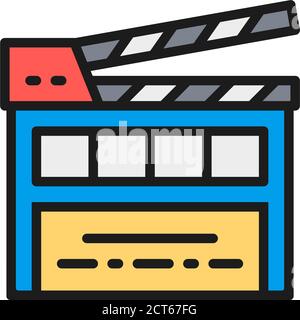 Movie clapper board, clapperboard flat color line icon. Stock Vector